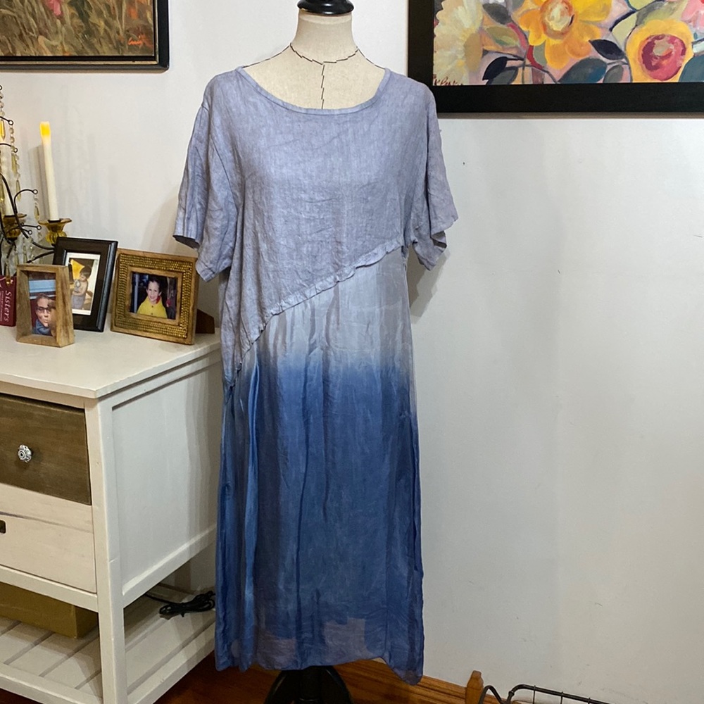 Light Blue Tie-Dye Linen Blend Midi Dress